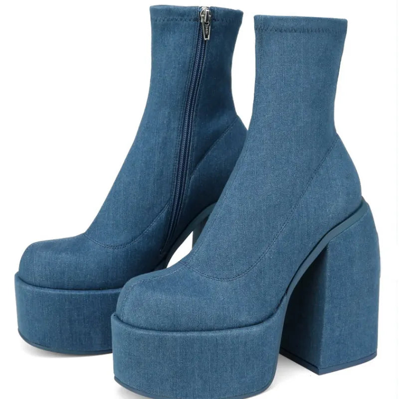 Autumn Winter Round Toe Ladies Matin Boots Jeans Platform Boots Chunky Heels Boots White Women's Shoes Big Size 41 42
