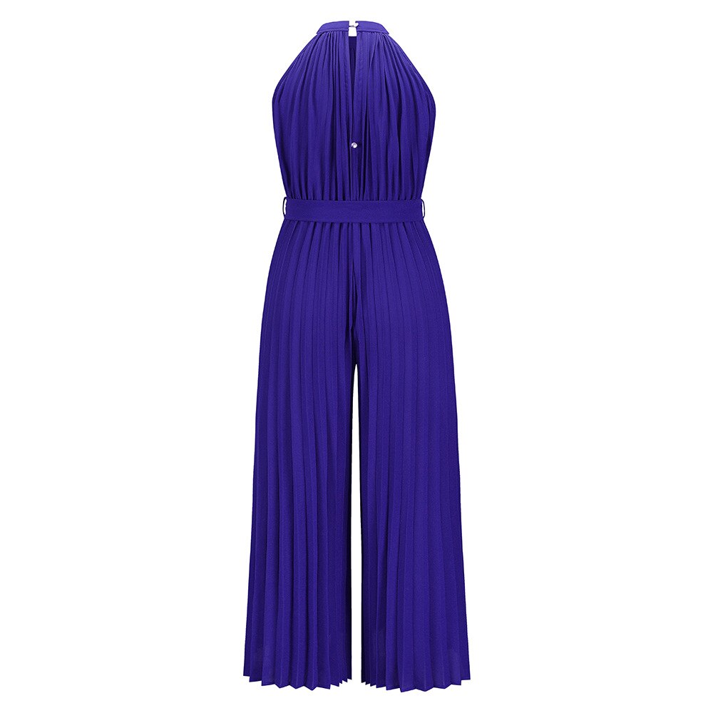 Solid Color Pleated Ruched Party Jumpsuit Women Elegant Halter Summer Autumn Sleeveless Office Playsuit Wide Leg Pants Rompers