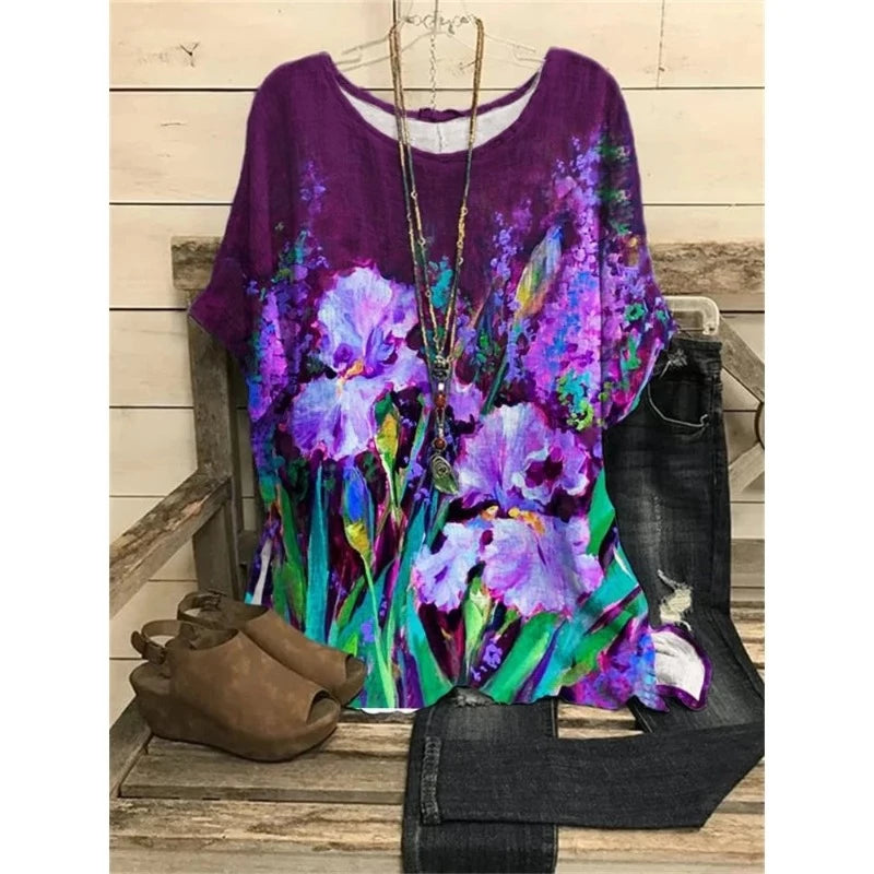 Flower Print Tops Vintage Pullover Spring Summer Loose Short Sleeves Oversized Tee Shirt Fashion T-Shirt