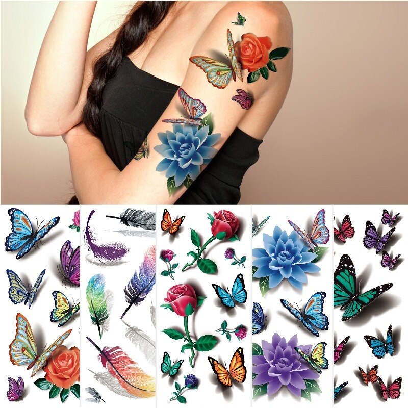 Waterproof Temporary Tattoo Sticker Butterfly Flower Rose 3D Scorpion Halloween Spider Body Art Arm Fake Tattoo Women