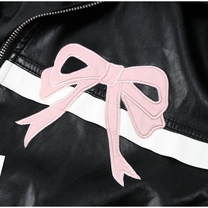 New Bow Y2k Motorcycle PU Leather Jacket Fashion Women Zipper Polo-neck Sweet Cool Coat 2024 Autumn Vintage Street Oversize Top