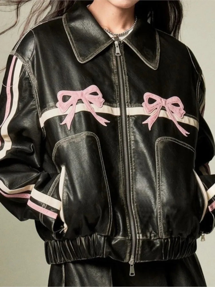 New Bow Y2k Motorcycle PU Leather Jacket Fashion Women Zipper Polo-neck Sweet Cool Coat 2024 Autumn Vintage Street Oversize Top