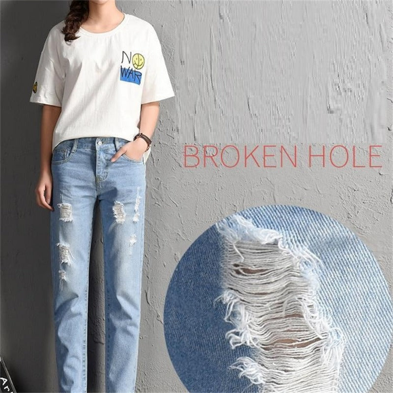 Trendy and Sexy Women Fashion Mid Waist Boyfriend Big Ripped Hole Jeans - Casual High Street Denim Pants for Vintage Style