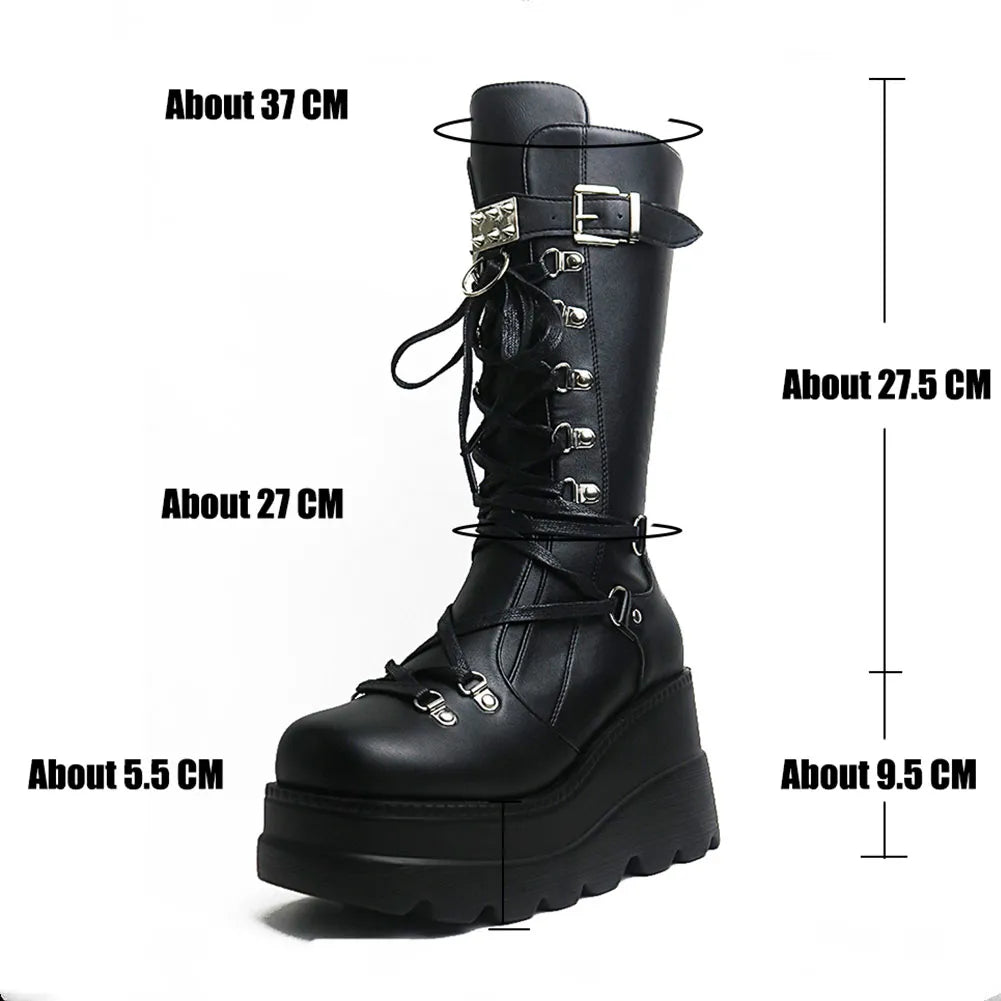 Gothic Style Platform Vampire Cosplay Women Mid-calf Boots Autumn Wedges Comfortable Woman Motorcycle Boots Shoes Plus Size