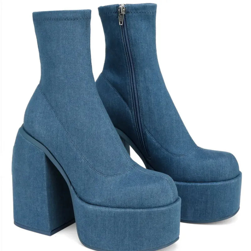 Autumn Winter Round Toe Ladies Matin Boots Jeans Platform Boots Chunky Heels Boots White Women's Shoes Big Size 41 42