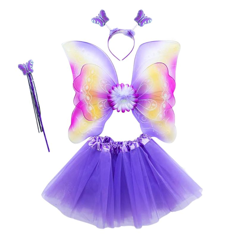 Adult Kids 4Pcs Fairy Costume Set LED Simulation Butterfly Wings Pointed Tutu Skirt Headband Wand Princess Girls Party Dress Up