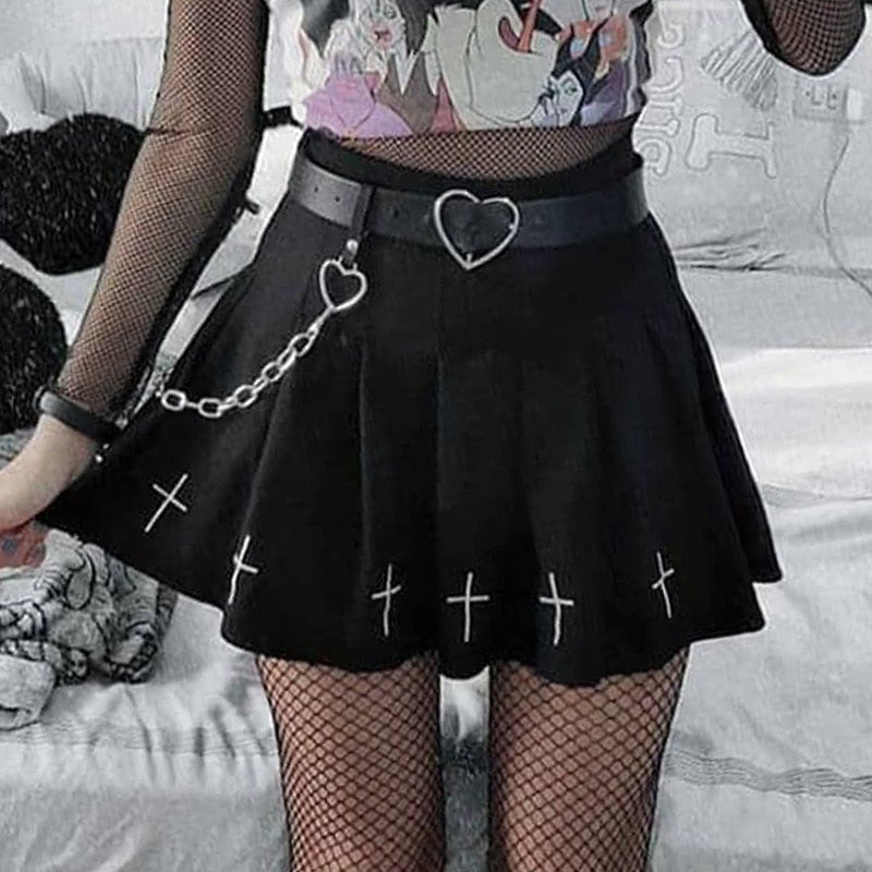 Black High Waist Mini Skirts Gothic Streetwear Style with Punk Pleated Vintage Skirt, Cross Print, and Lolita Harajuku Vibes for Women