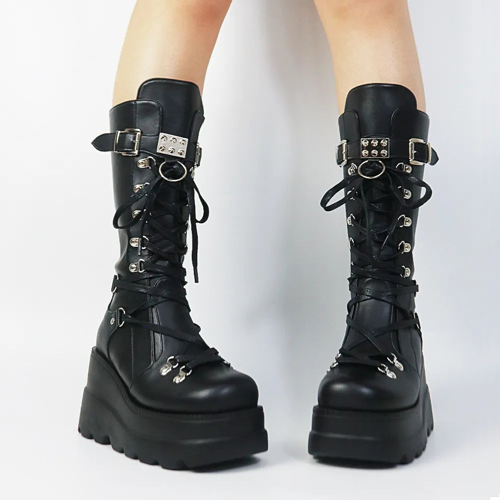 Gothic Style Platform Vampire Cosplay Women Mid-calf Boots Autumn Wedges Comfortable Woman Motorcycle Boots Shoes Plus Size