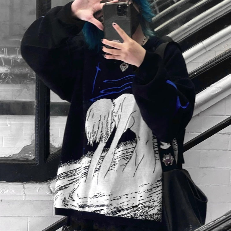 Y2K Women's Oversized Harajuku Knitwear Cute Anime Print Pattern O Neck Pullover Sweater Girls Streetwear Knitting