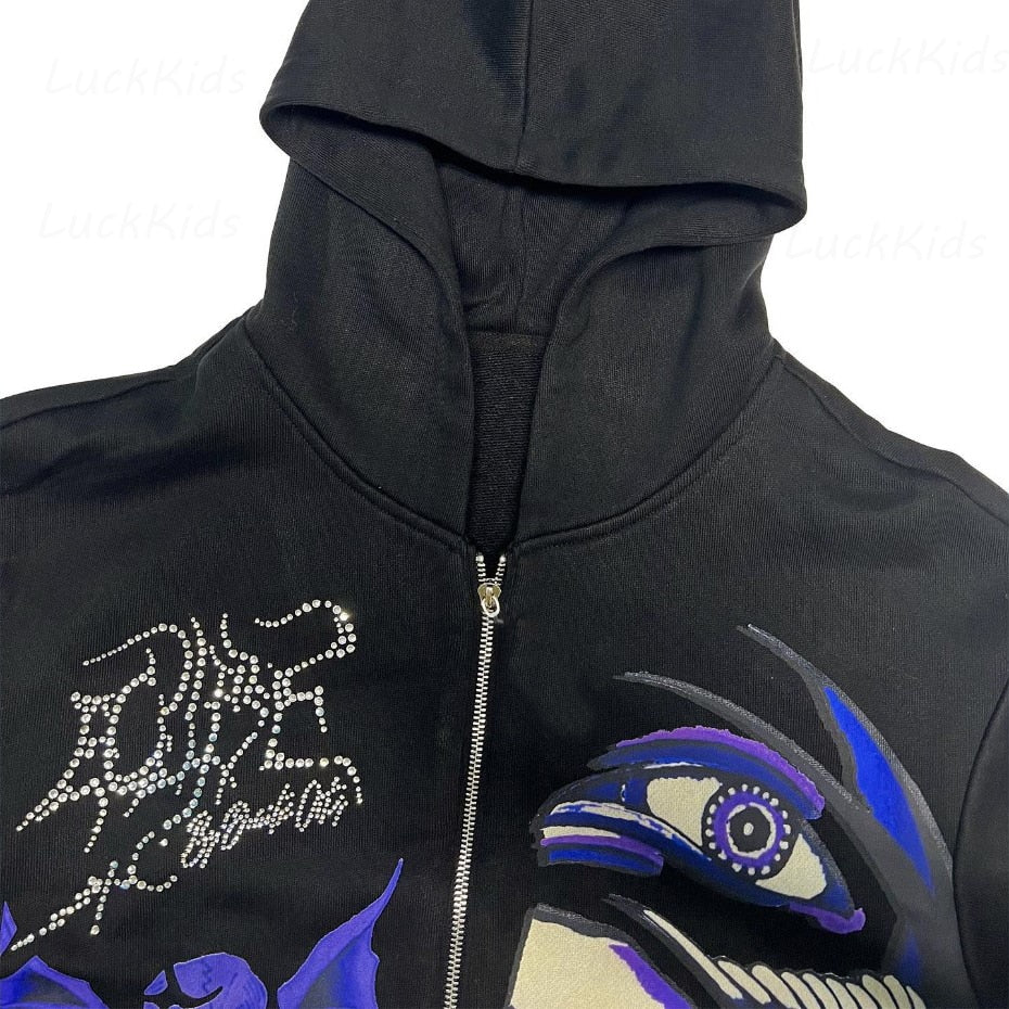 Men's Rhinestone Skull Purple Print Streetwear Oversized Hoodie Men's Jacket Jacket Goth Harajuku Y2k Clothes Grunge Zip Hoodie