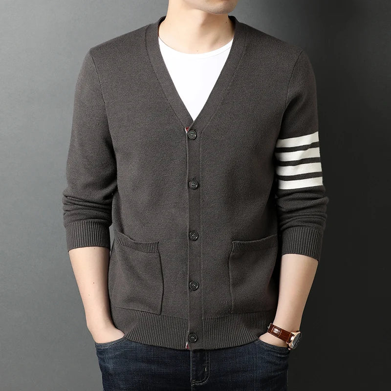 Popular 2024 Season Men's Three-Color Striped Cardigan Coat - Trendy Wool Knitwear Sweater Cardigan