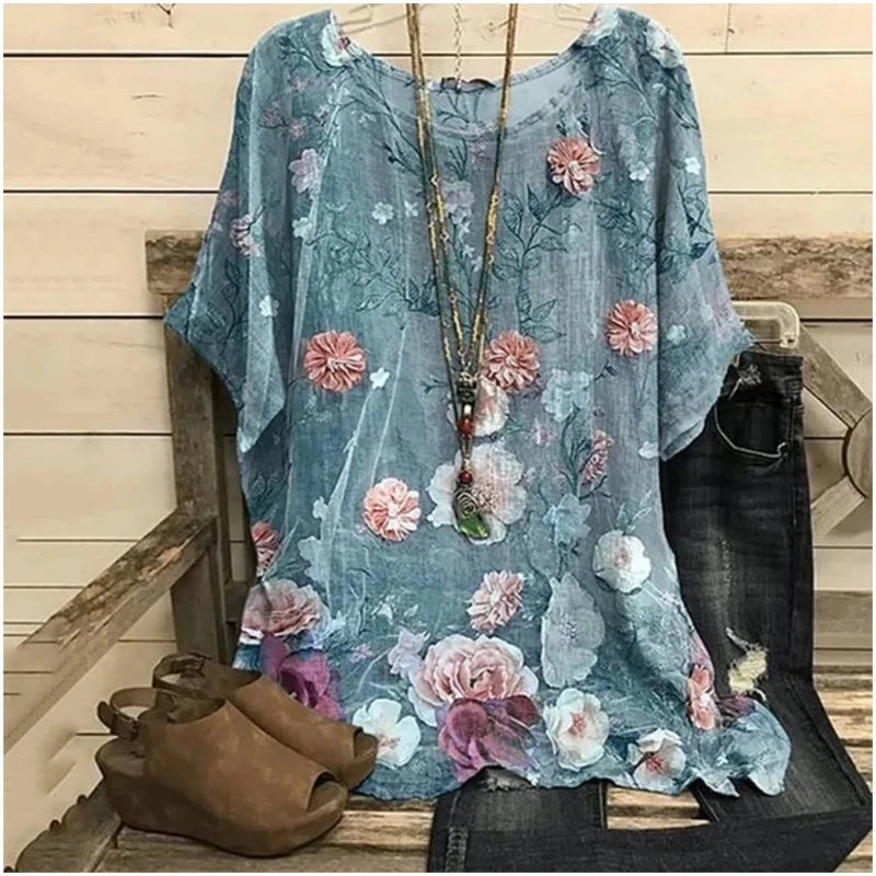Flower Print Tops Vintage Pullover Spring Summer Loose Short Sleeves Oversized Tee Shirt Fashion T-Shirt