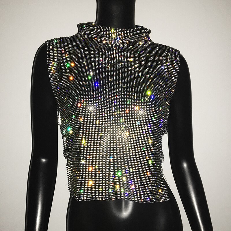 Sexy Rhinestone Glitter Turtleneck T-Shirt Women Backless Party Crop Top Adjustable Metal Chain Diamond Tank Top Summer Nightclub