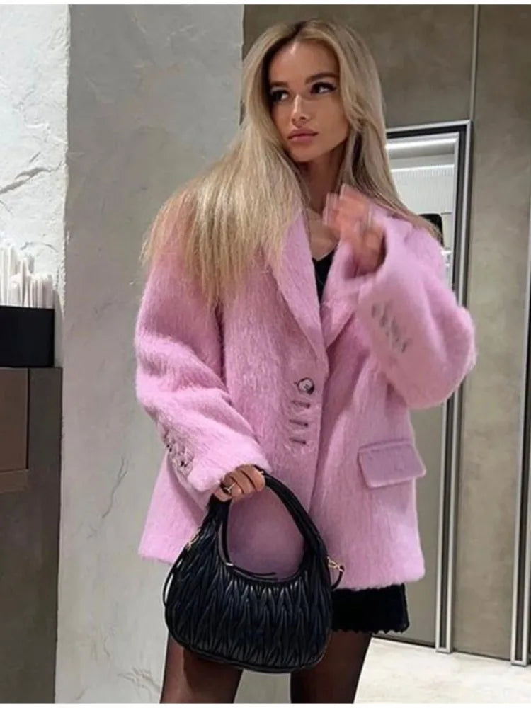 Single-Breasted Lapel Jacket Women's Solid Plush Coat with Double Pockets, Long Sleeves Autumn Elegance for Casual or Office Wear