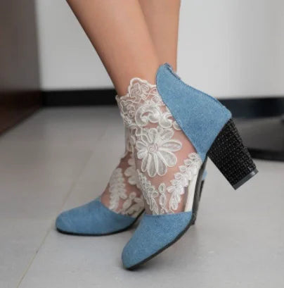 2024 New Fashion Women High Heels Lace Flower Ankle Strap Hollow Out Sandals
