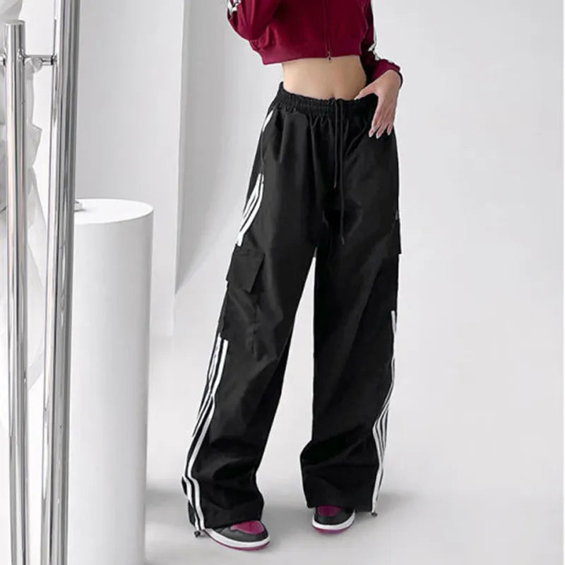 Women Hip Hop Streetwear Baggy Wide Leg Cargo Pants Bf Y2K High Waist Drawstring Joggers Trousers Striped