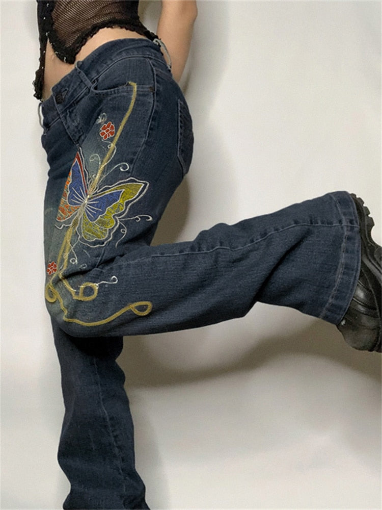 Retro Butterfly Print Denim Jeans Low Waisted Grunge Vintage Cargo Trousers Fairycore Harajuku Fashion Pants