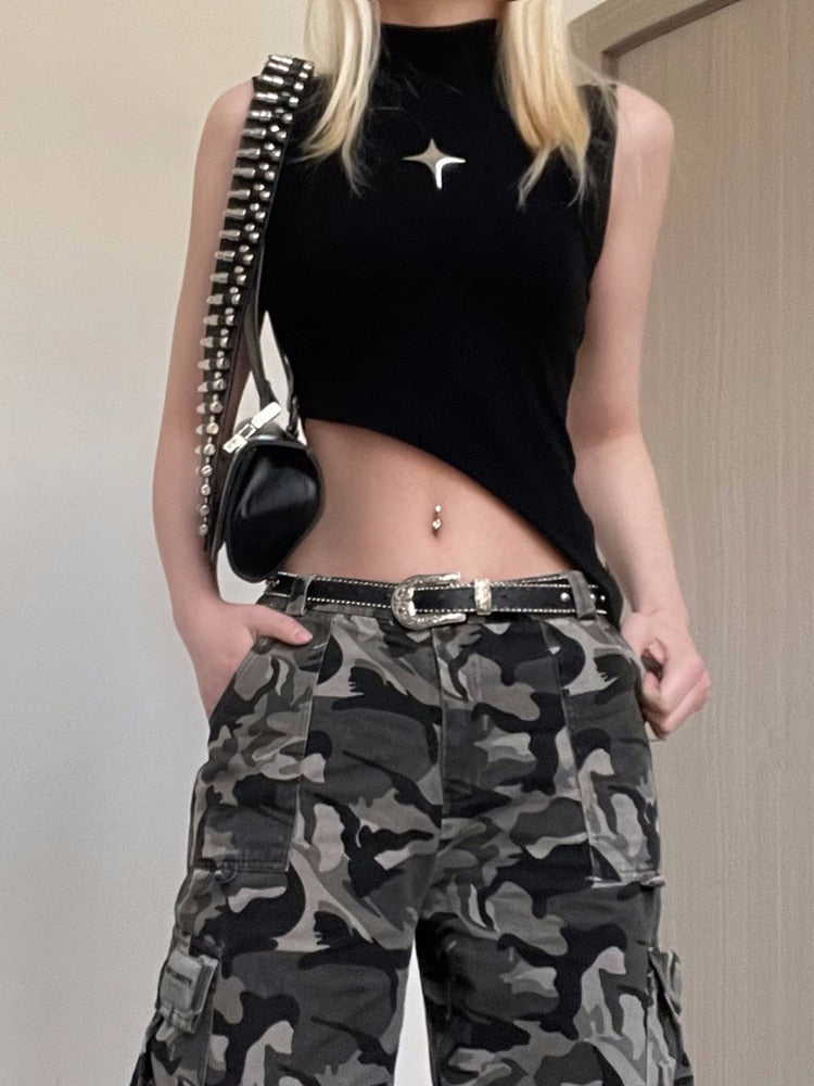 Dark Academia Rivet Patchwork Crop Tops | Women's Grunge Sleeveless Black Irregular Tank Top | Streetwear Punk Clothes