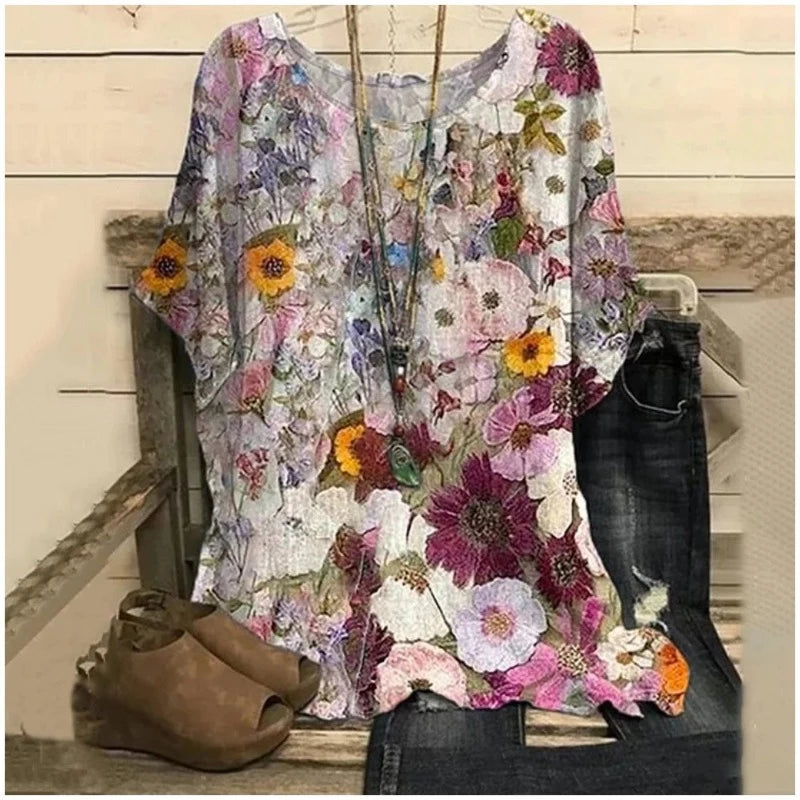 Flower Print Tops Vintage Pullover Spring Summer Loose Short Sleeves Oversized Tee Shirt Fashion T-Shirt