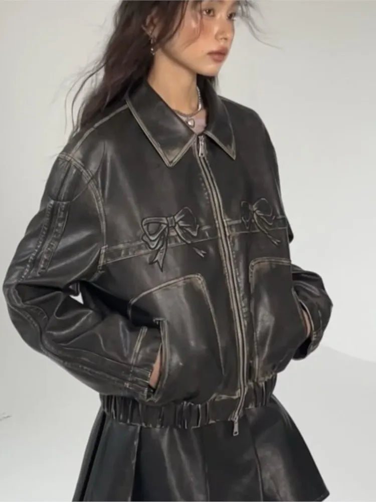 New Bow Y2k Motorcycle PU Leather Jacket Fashion Women Zipper Polo-neck Sweet Cool Coat 2024 Autumn Vintage Street Oversize Top