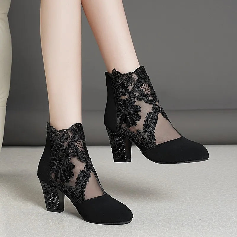 2024 New Fashion Women High Heels Lace Flower Ankle Strap Hollow Out Sandals Round Toe Zip Pumps Zapatos De Mujer