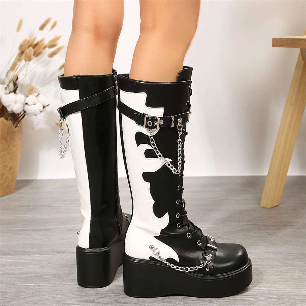 Autumn Gothic Halloween Mid Calf Boots Women Wedges High Heels Punk Street Platform Boots Female Cosplay Shoes For Woman