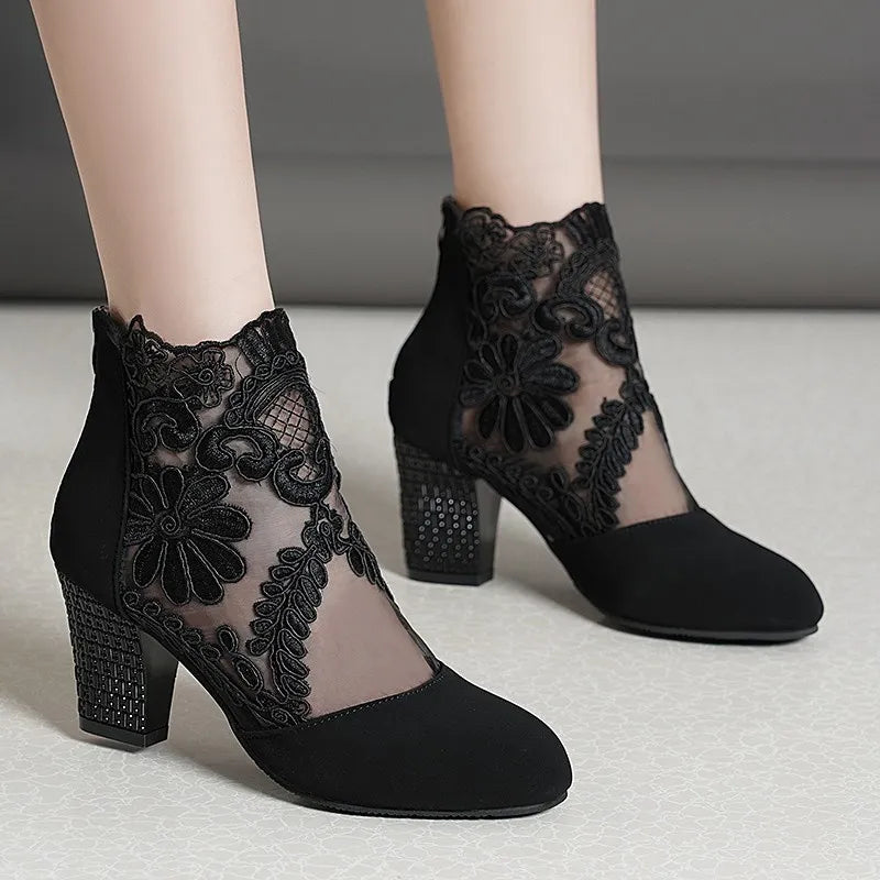 2024 New Fashion Women High Heels Lace Flower Ankle Strap Hollow Out Sandals