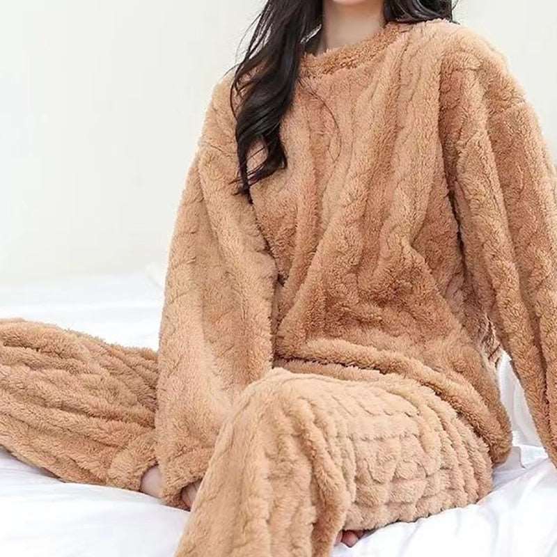Autumn Winter Women's Casual Pajama Sets - Thicken Velvet Ribbed Fleece Set with Warm Pullover and Pants, 2-Piece Cozy Ensemble