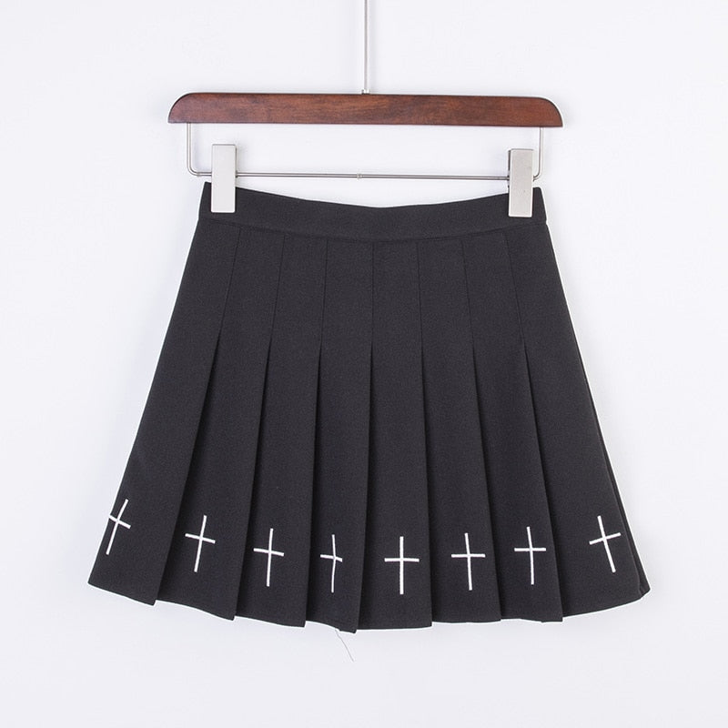 Black High Waist Mini Skirts Gothic Streetwear Style with Punk Pleated Vintage Skirt, Cross Print, and Lolita Harajuku Vibes for Women