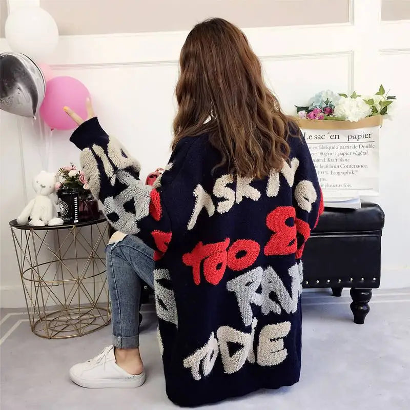 Slouchy Style Women's Cardigan – Loose Fit, Korean-Inspired Autumn and Winter 2024 New Style Outerwear Knitted Jacket in Medium Length
