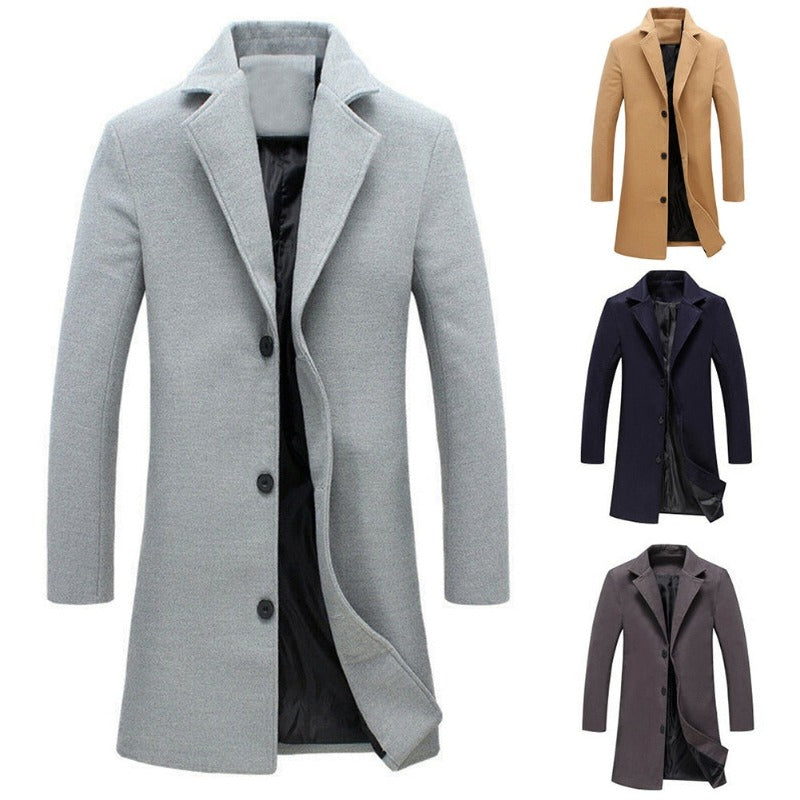 Autumn Winter Men's Fashion Solid Color Single-Breasted Lapel Long Woollen Coat Jacket, Casual Overcoat in Plus Size, Available in 5 Colors