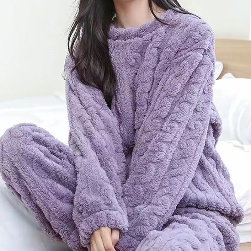 Autumn Winter Women's Casual Pajama Sets - Thicken Velvet Ribbed Fleece Set with Warm Pullover and Pants, 2-Piece Cozy Ensemble