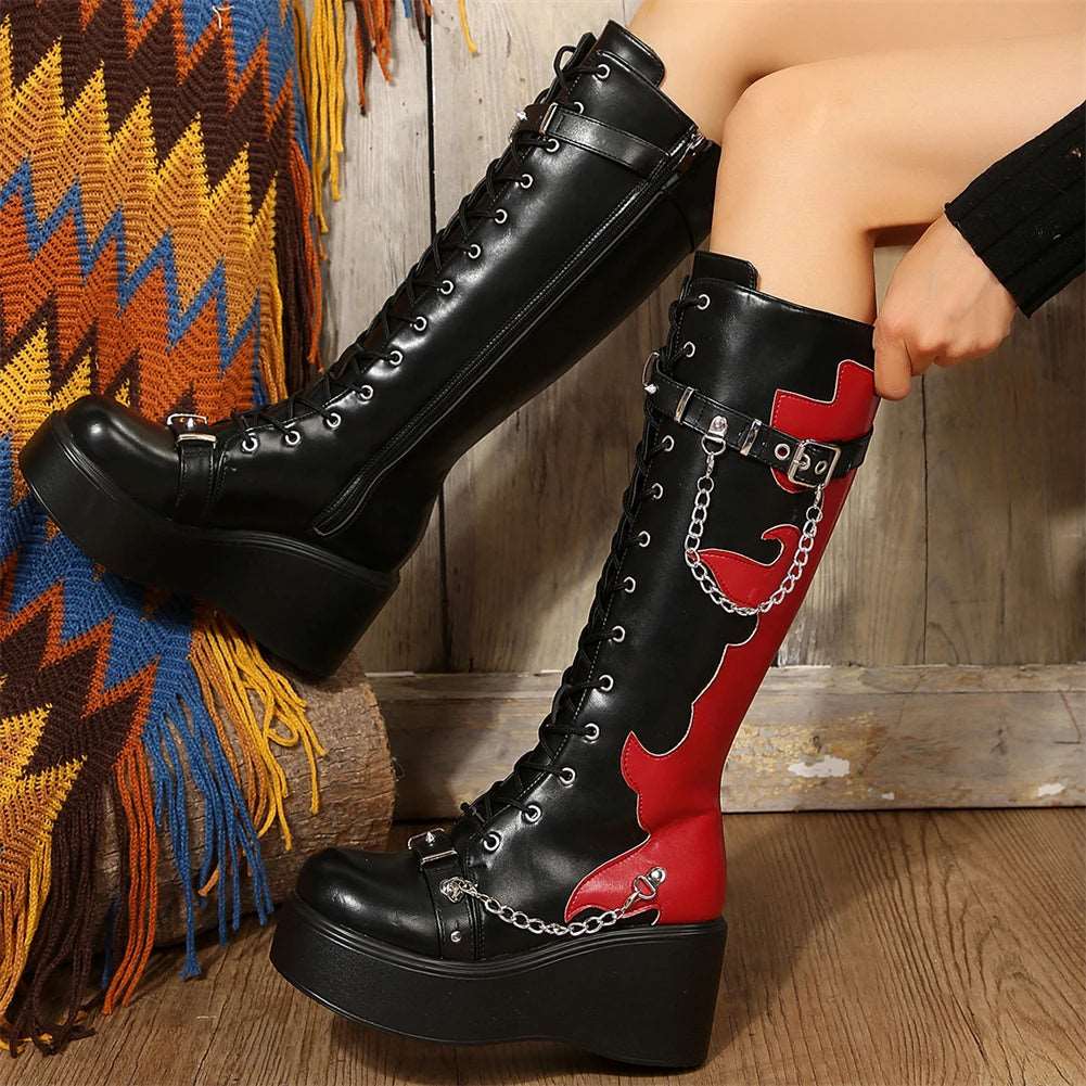 Mid Calf Boots Women Wedges High Heels Punk Street Platform Boots Female Cosplay Shoes For Woman Media 7 of 30