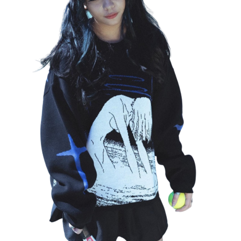 Y2K Women's Oversized Harajuku Knitwear Cute Anime Print Pattern O Neck Pullover Sweater Girls Streetwear Knitting