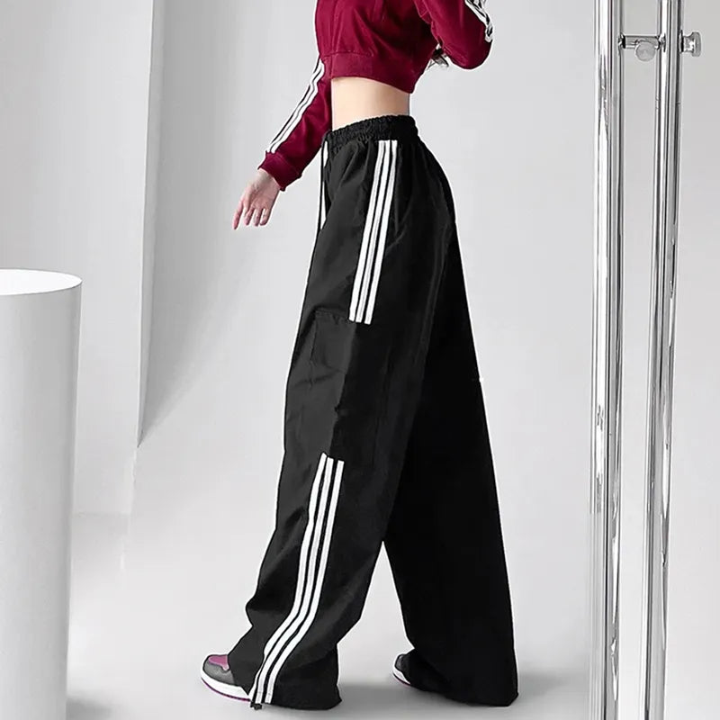 Women Hip Hop Streetwear Baggy Wide Leg Cargo Pants Bf Y2K High Waist Drawstring Joggers Trousers Striped