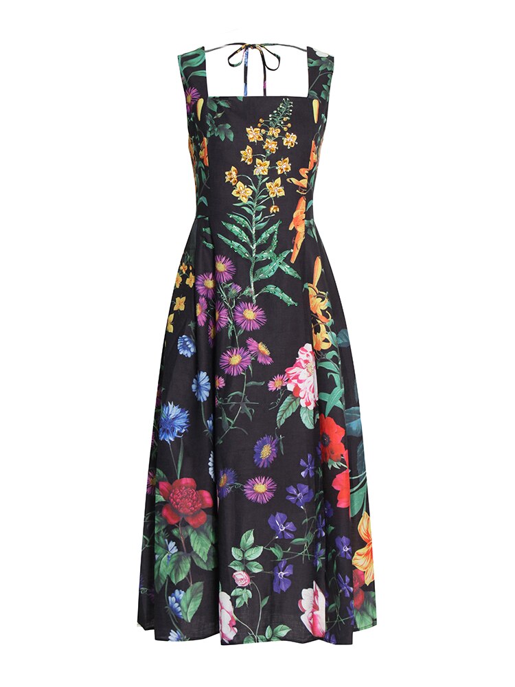 Vintage Print Floral Dress For Women Square Collar Sleeveless High Waist Backless Colorblock Midi Dresses Female Clothes New
