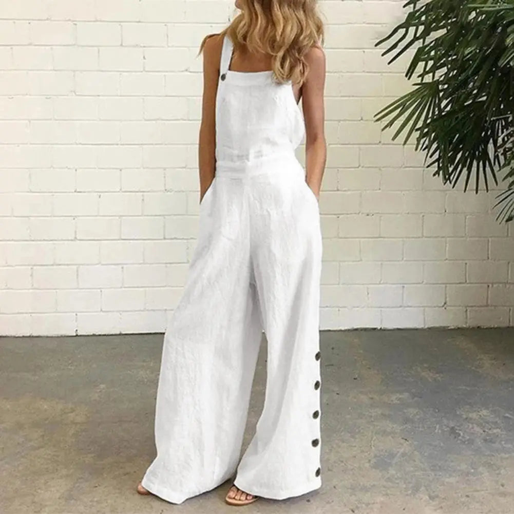 Hot!Women Jumpsuit Rompers Wide Leg Pants Pure Color Low Cut Plus Size Side Buttons Sleeveless Long Trousers Suspenders Playsuit