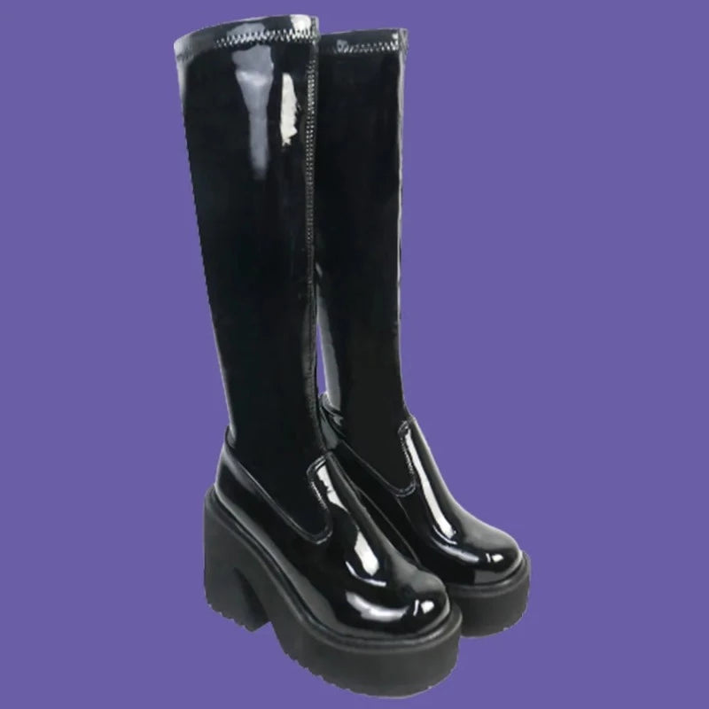 Goth Platform High Heels Zip Chunky Women's Boots Black Punk Thick Bottom Motorcycle Boots Cosplay Y2K Casual Shoes