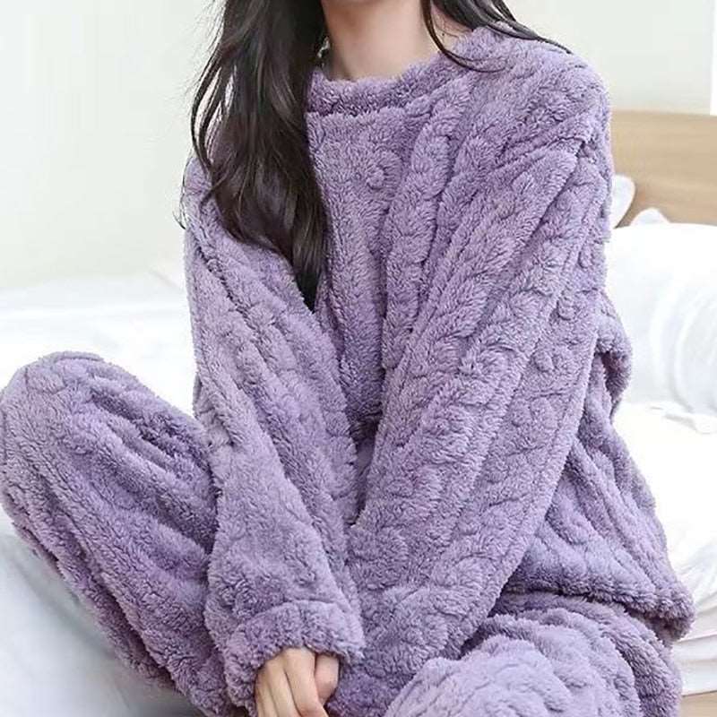 Autumn Winter Women's Casual Pajama Sets - Thicken Velvet Ribbed Fleece Set with Warm Pullover and Pants, 2-Piece Cozy Ensemble