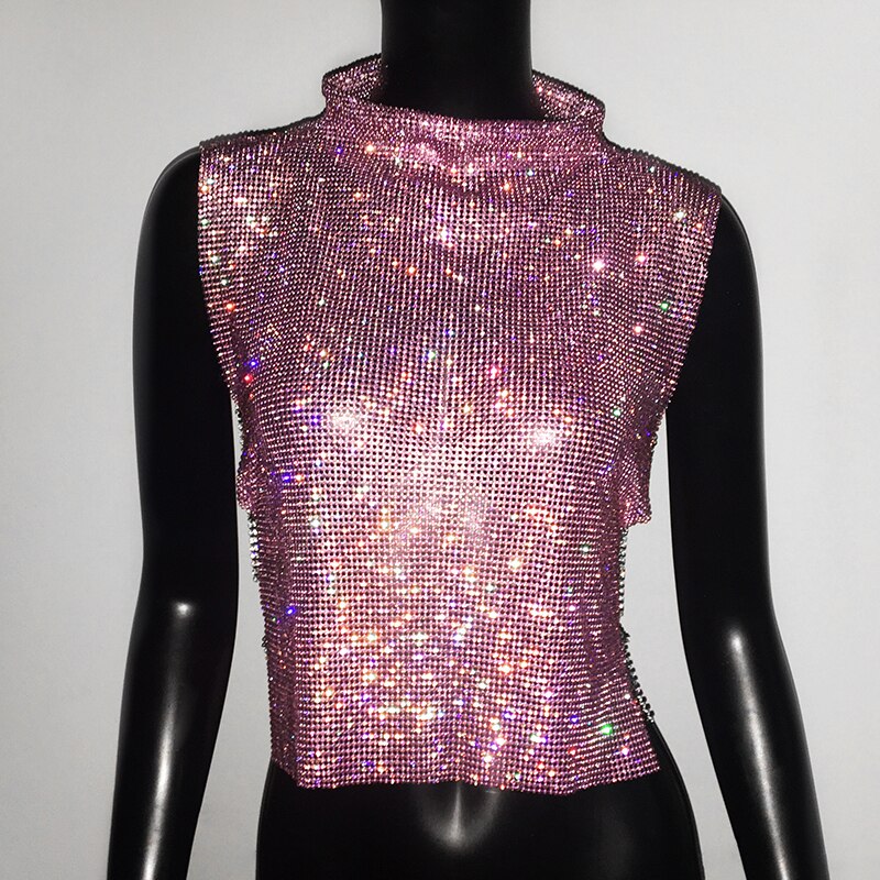 Sexy Rhinestone Glitter Turtleneck T-Shirt Women Backless Party Crop Top Adjustable Metal Chain Diamond Tank Top Summer Nightclub