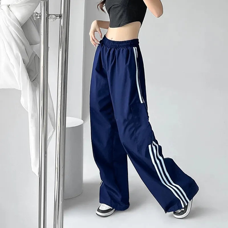 Women Hip Hop Streetwear Baggy Wide Leg Cargo Pants Bf Y2K High Waist Drawstring Joggers Trousers Striped