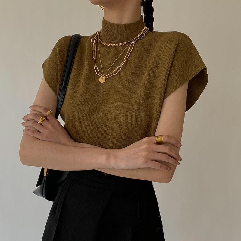 Elegant Office Lady Fashion: Solid Stand-up Collar Knitted Sweater Vest Shirt with Short Sleeve