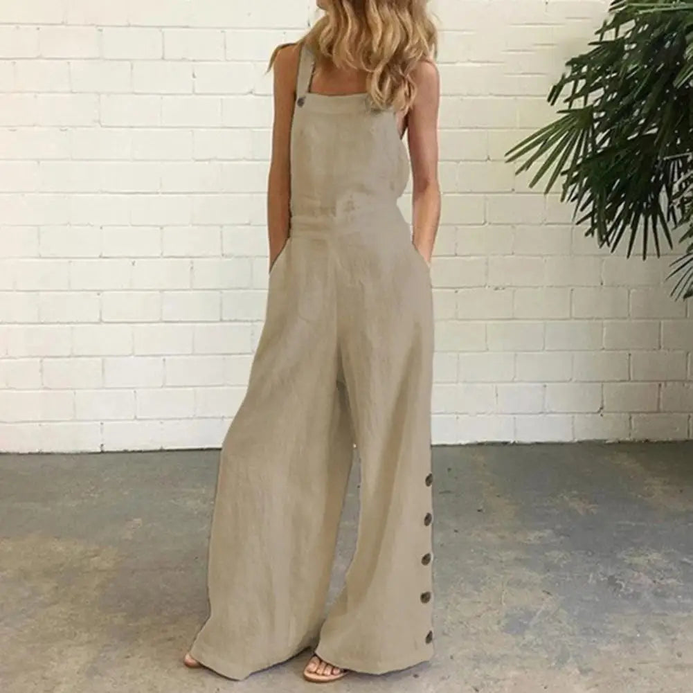 Hot!Women Jumpsuit Rompers Wide Leg Pants Pure Color Low Cut Plus Size Side Buttons Sleeveless Long Trousers Suspenders Playsuit
