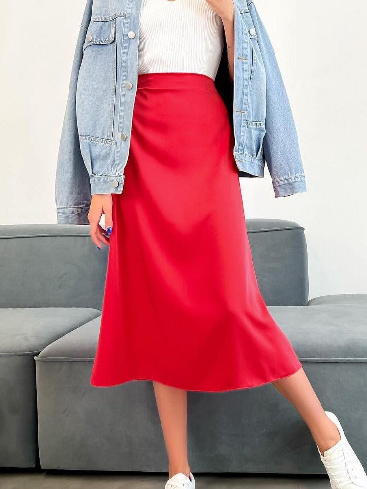 New Korean Style Elegant High-Waisted Silk Satin Skirt - Women's Pink Midi Skirt, A-Line Pencil Skort long
Skirt