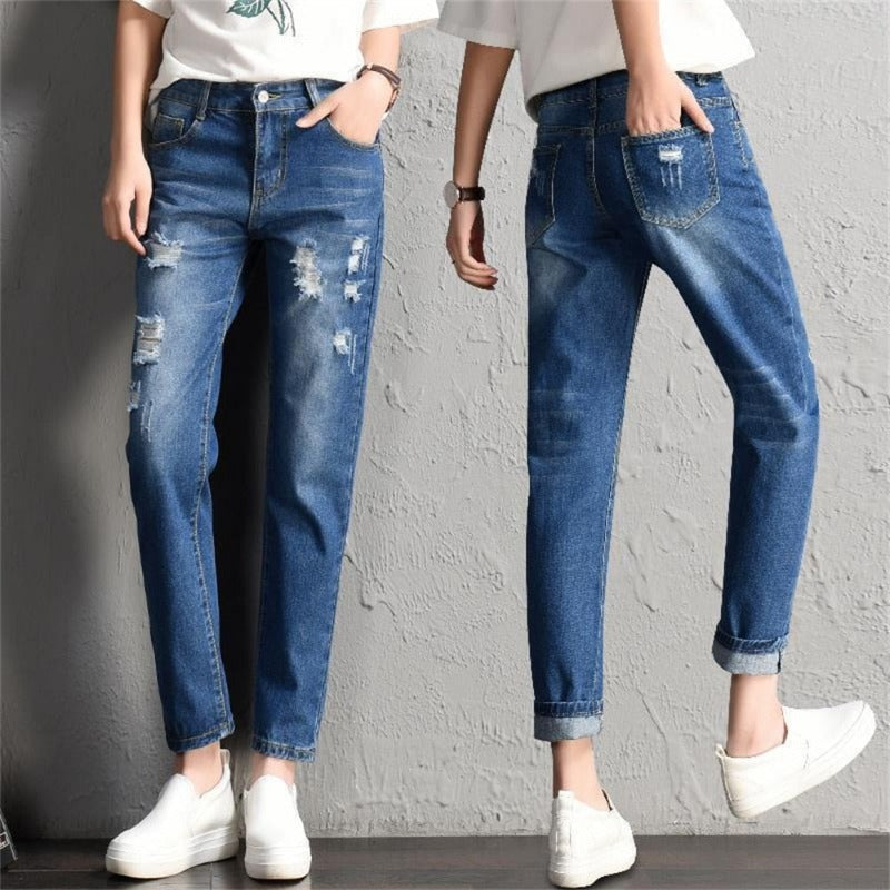 Trendy and Sexy Women Fashion Mid Waist Boyfriend Big Ripped Hole Jeans - Casual High Street Denim Pants for Vintage Style