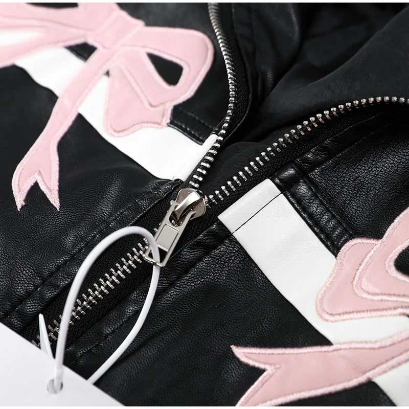 New Bow Y2k Motorcycle PU Leather Jacket Fashion Women Zipper Polo-neck Sweet Cool Coat 2024 Autumn Vintage Street Oversize Top