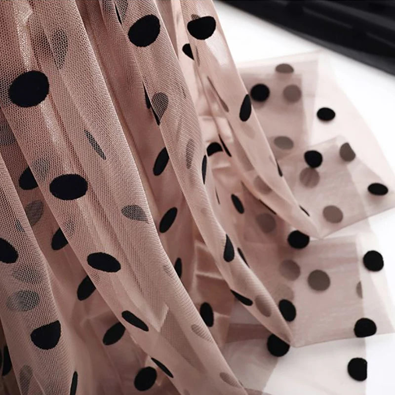 Elegant Mid-length All-match High-waist Slimming Flocking Floral Mesh Long Gauze Skirts Women Autumn Winter High Waisted