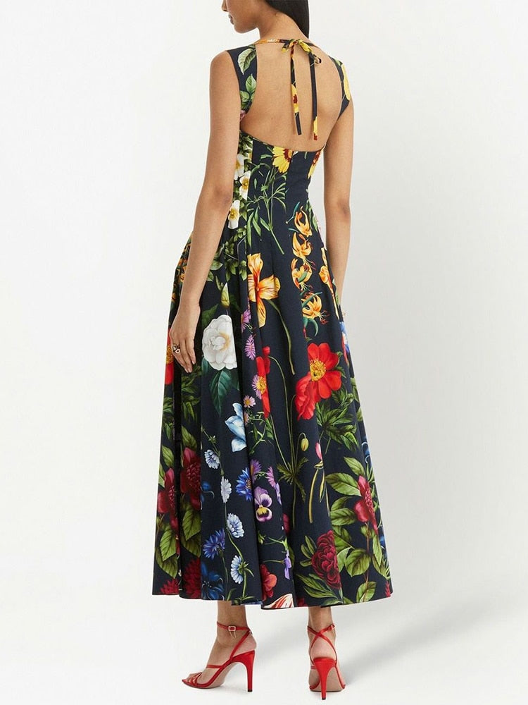 Vintage Print Floral Dress For Women Square Collar Sleeveless High Waist Backless Colorblock Midi Dresses Female Clothes New