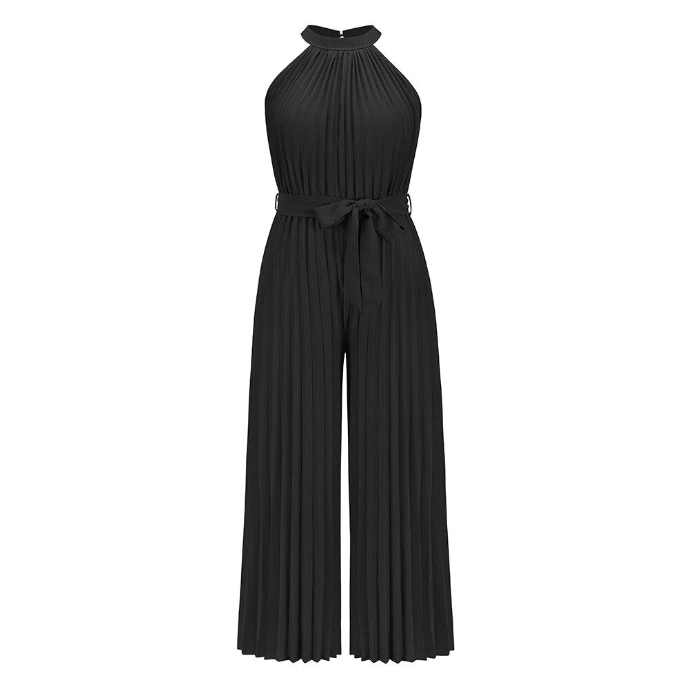 Solid Color Pleated Ruched Party Jumpsuit Women Elegant Halter Summer Autumn Sleeveless Office Playsuit Wide Leg Pants Rompers