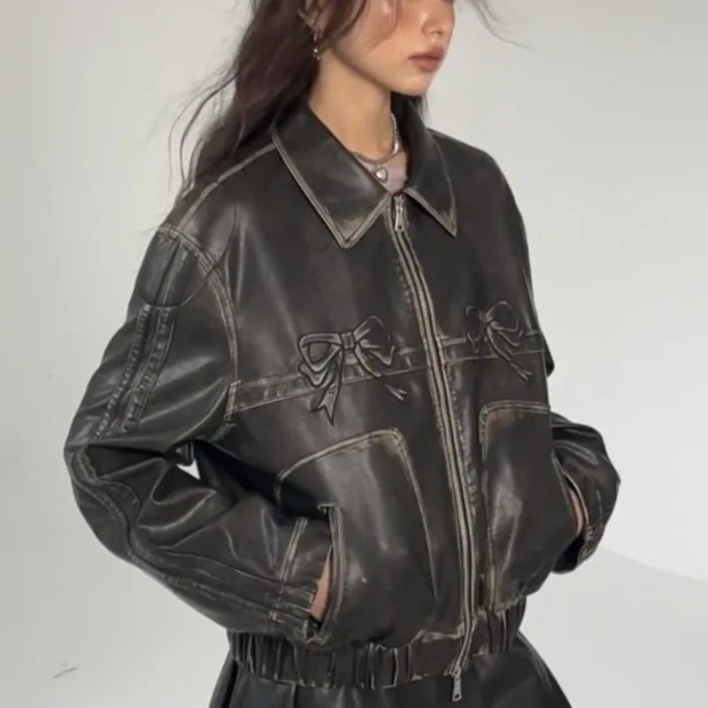 New Bow Fashion PU Leather Jacket Fashion Women Zipper Polo-neck Sweet Cool Coat 2024 Autumn Vintage Street Oversize Top